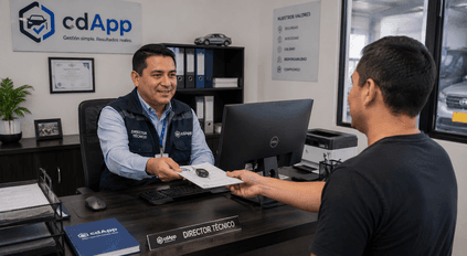 Recepcionista de CDA uniformado con overol azul recibiendo a un cliente y registrando datos en una tableta digital